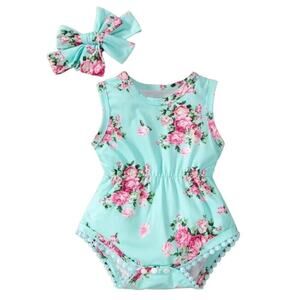 Baby Floral Print Bodysuit With Headband in Mint, Size 3-6M​​​